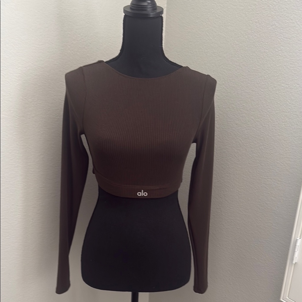 ALO Yoga Brown Fitted Crop open back with Long Sleeves size XS